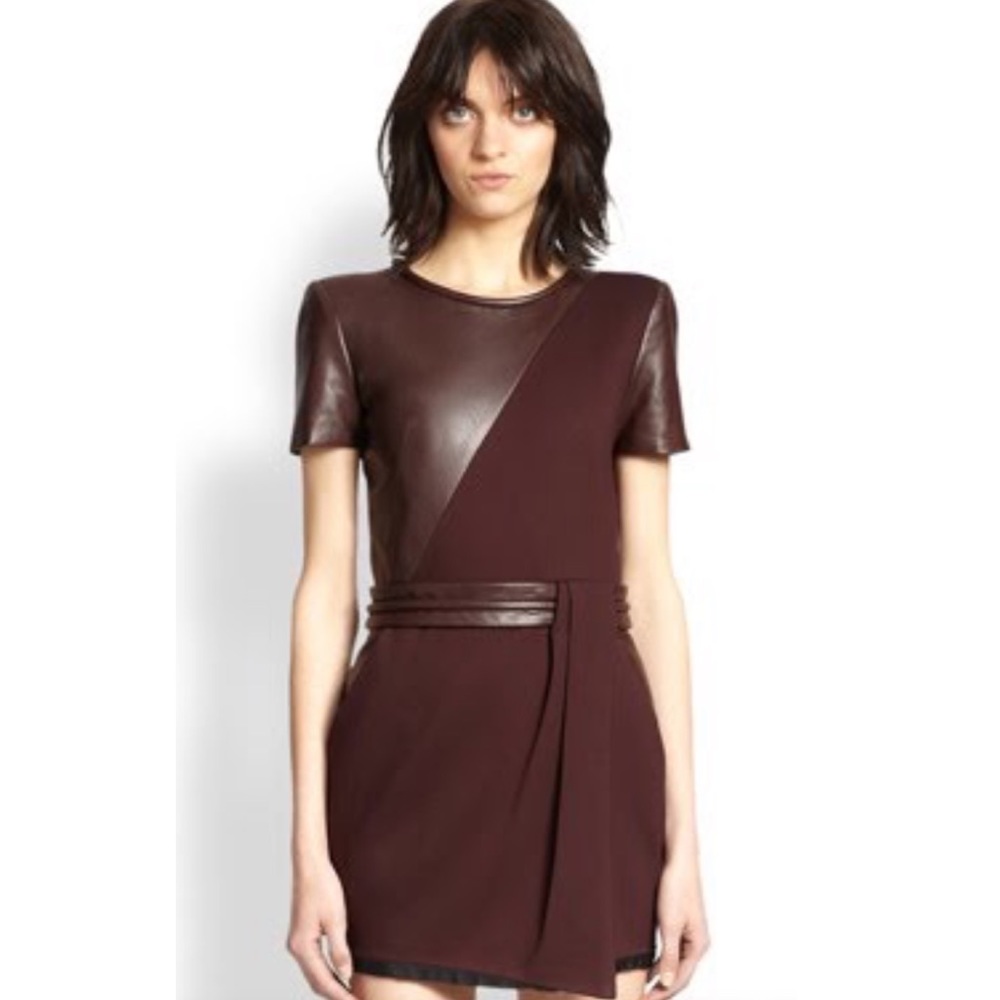 The Kooples Burgundy Brown Mixed-Media Short Sleeve Dress